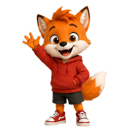 Thélos, la mascotte renard de la gamme, qui salue