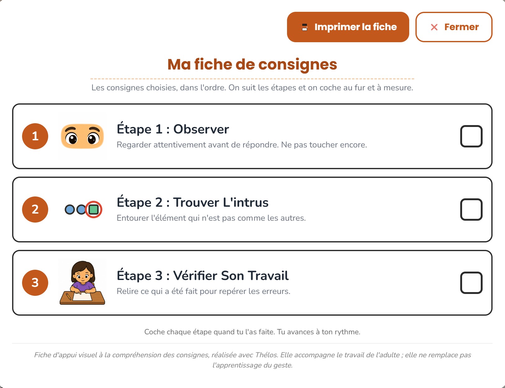 La fiche créée avec le Générateur de consignes : trois étapes illustrées (observer, trouver l'intrus, vérifier son travail), des cases à cocher et le bouton Imprimer la fiche