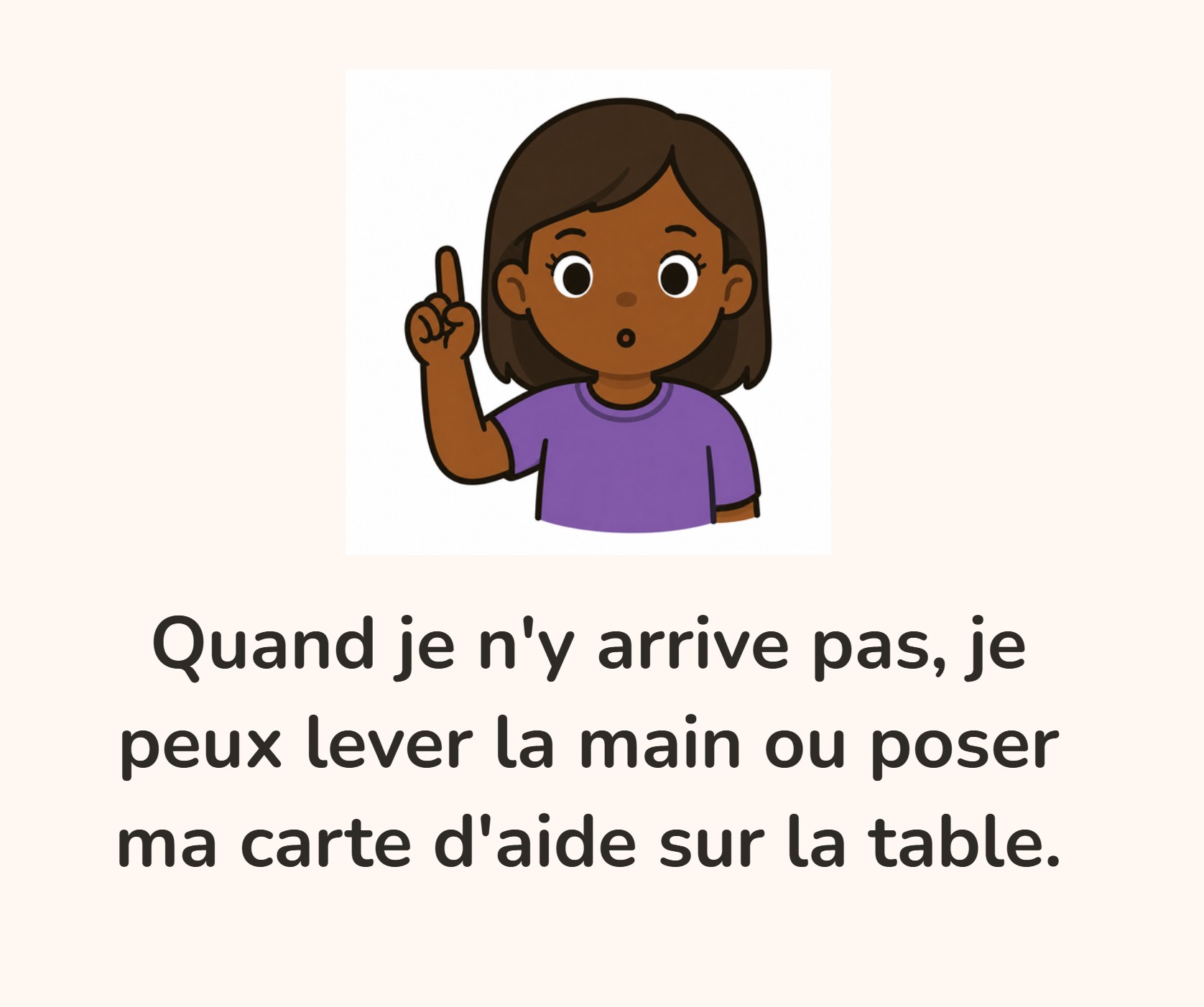 Un scénario social affiché sur une tablette : un enfant lève le doigt, avec la phrase Quand je n'y arrive pas, je peux lever la main ou poser ma carte d'aide sur la table.