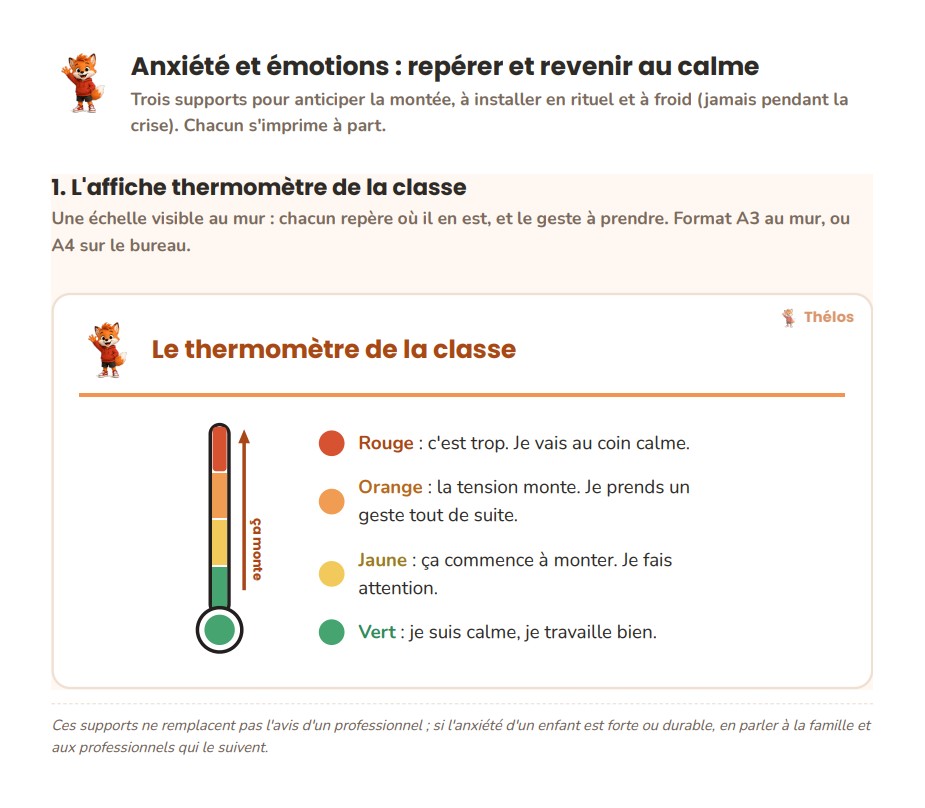 Un support imprimable Thélos : l'affiche Le thermomètre de la classe, une échelle de couleurs du vert au rouge avec, pour chaque niveau, le geste à prendre
