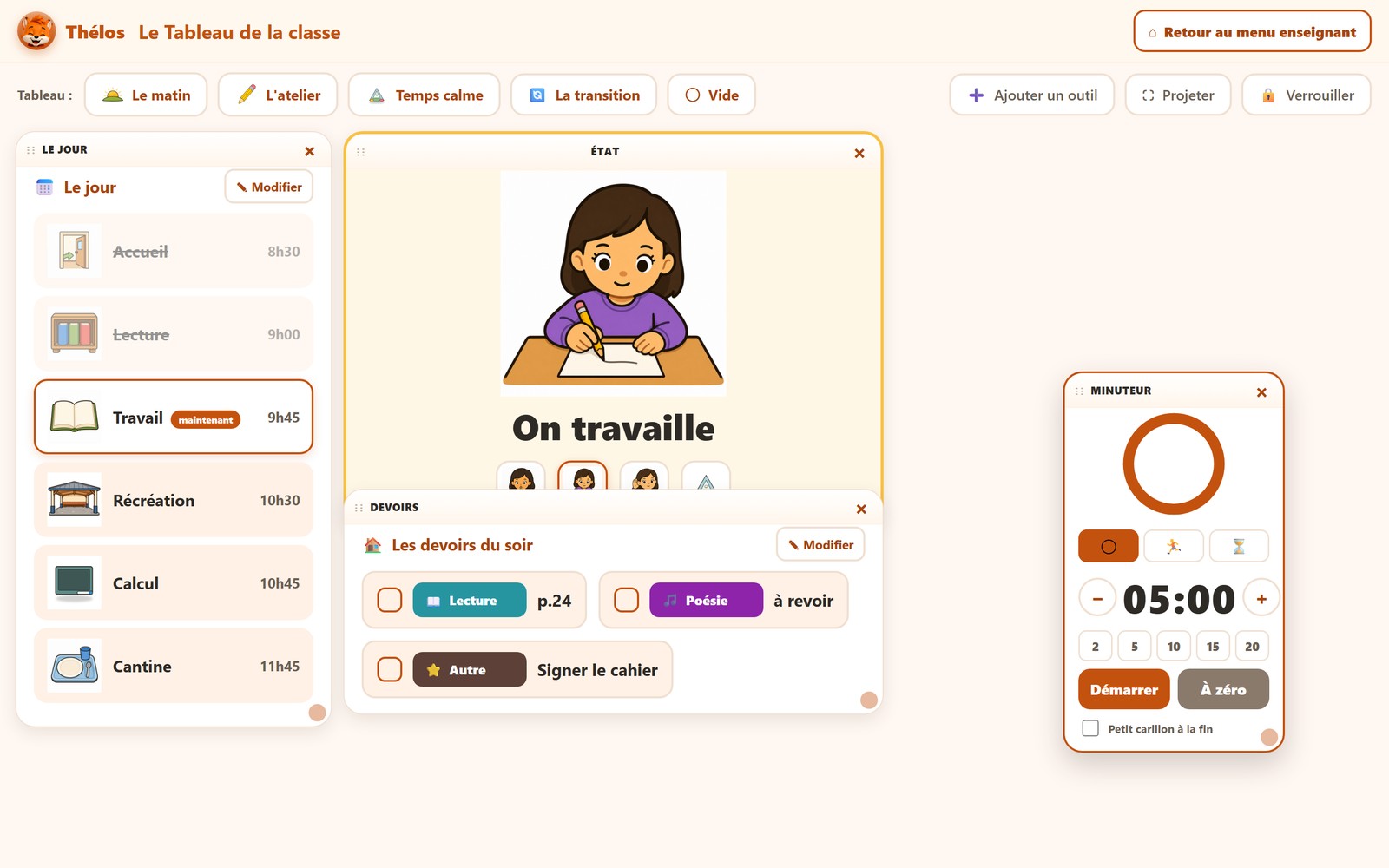 Le tableau de la classe projeté devant les enfants : le planning du jour en pictogrammes, un grand repère d'état, le coin devoirs et le minuteur